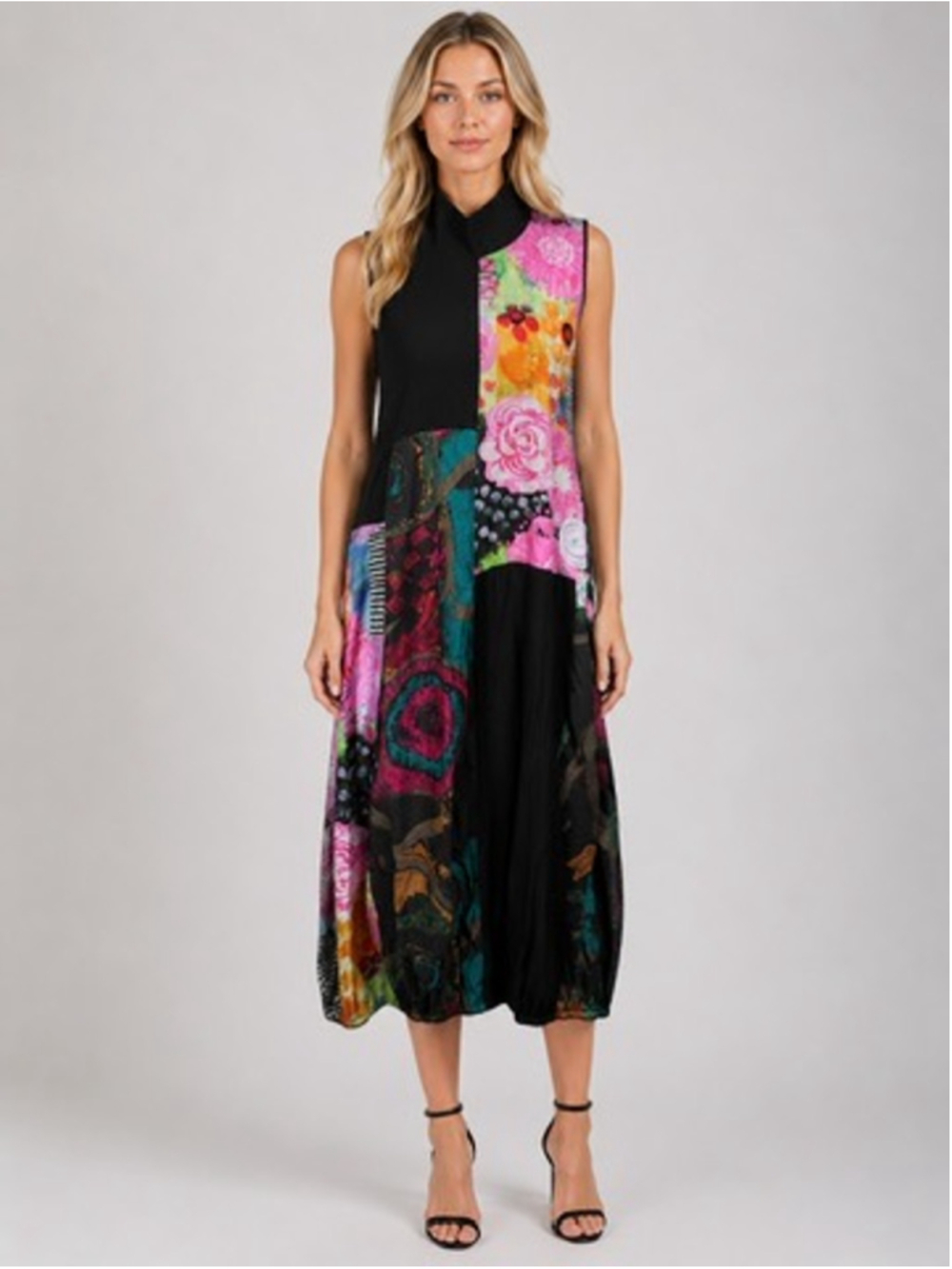 Shana Apparel Black Cowl Neck Dress Artsy Patchwork Crinkle Boho Midi Size XS